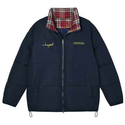 Cotton-padded Coat Stand Collar Plaid Stitching Thickened Coat