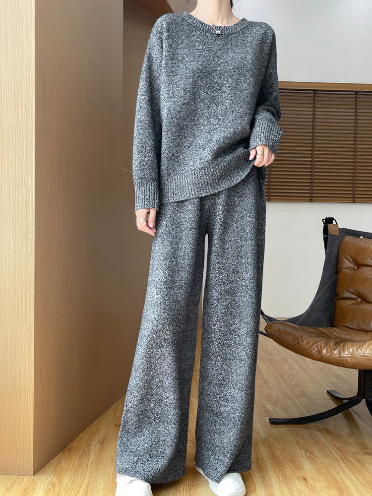 Australian Wool Round Neck Loose Western Style Sweater Straight-leg Pants Thickened Knitting Suit