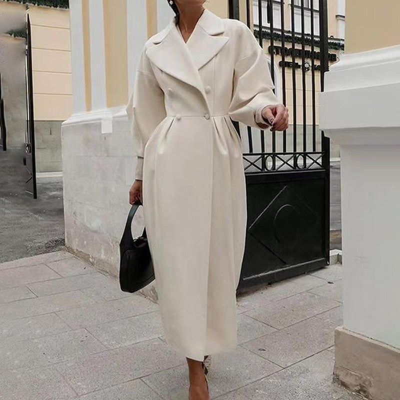 Women's Classic Winter Long Coat, Double-Breasted Belted Trench With Wide Lapel, Solid Color Oversized Overcoat For Casual Style