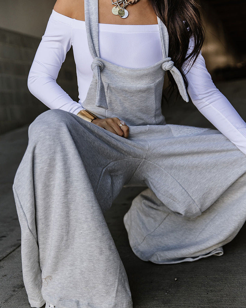 Light Gray Casual Suspender Wide-leg Jumpsuit