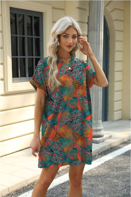 Loose Crew Neck Short Sleeve Printed Pocket Dress