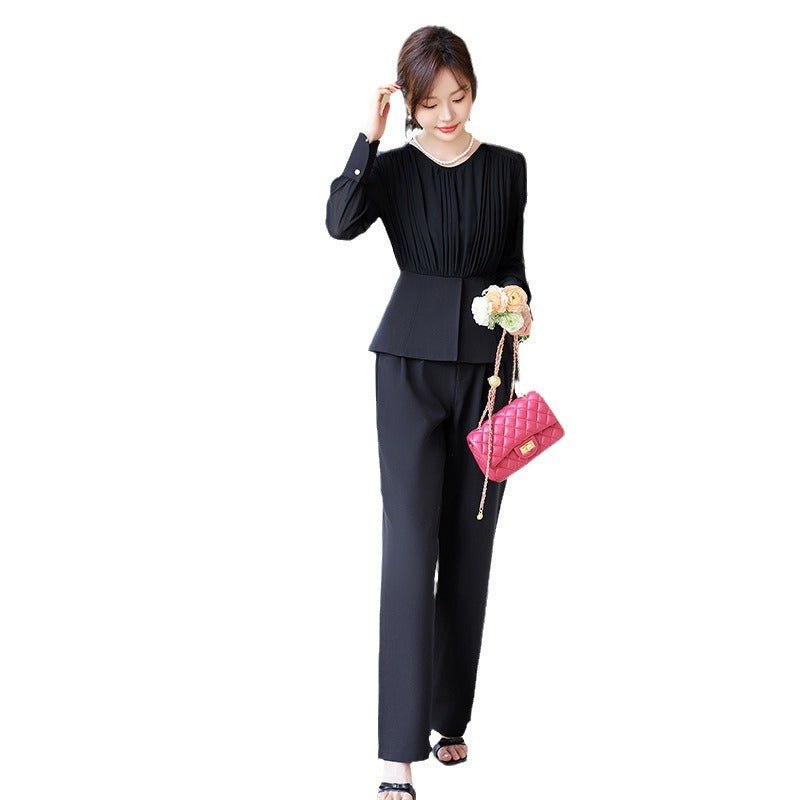 Stitching Ruffle Top Fashionable Wide Leg Pants Suit