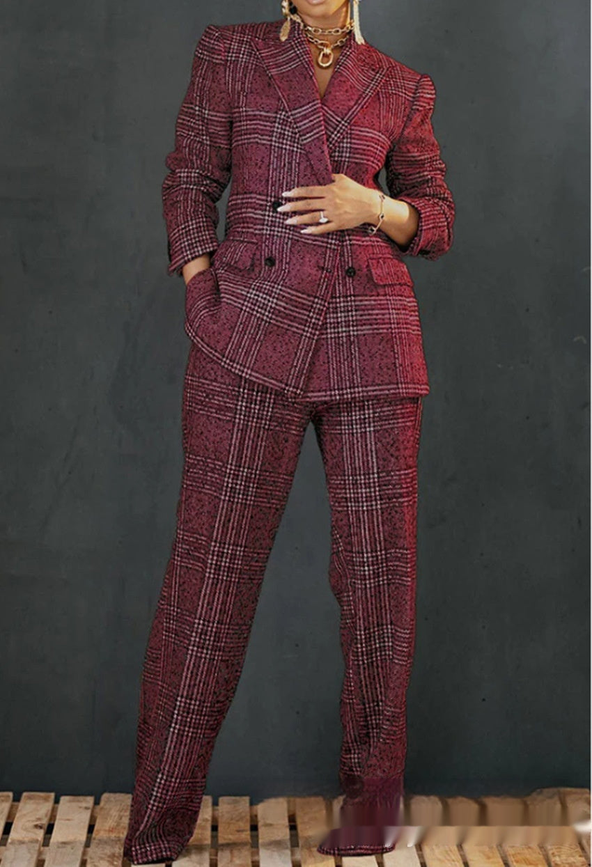 Women's Plaid Jumpsuit Loose Trousers Two-piece Suit