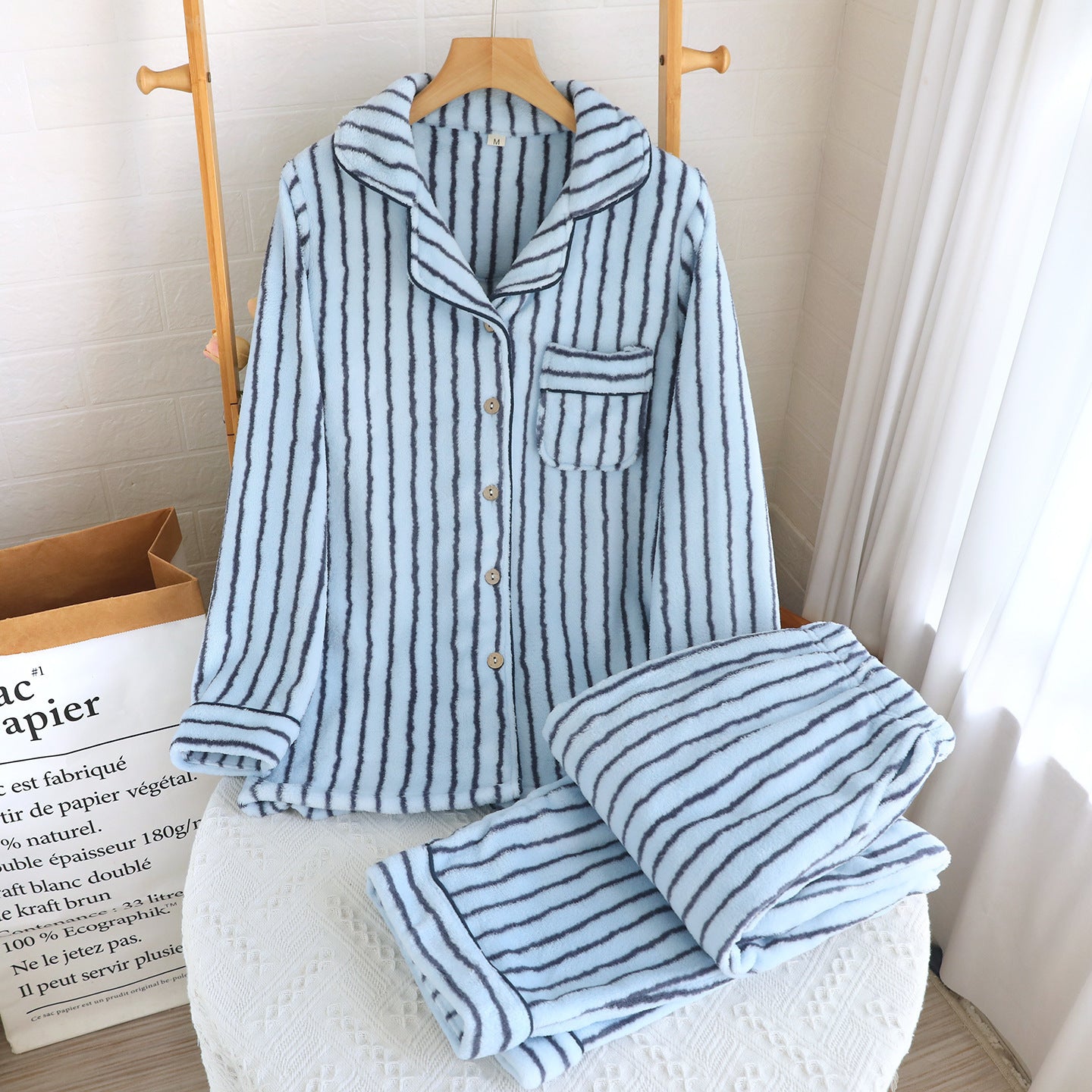 Striped Flannel Couple Lapel Pajamas Suit