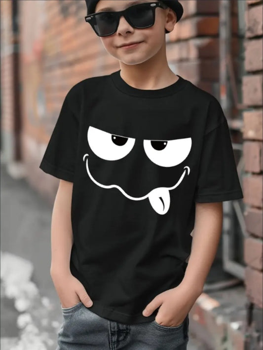 Cute Cartoon Funny Face Print T-shirt- Engaging Visuals, Casual Short Sleeve T-Shirts For Boys - Cool, Lightweight And Comfy Summer Clothes