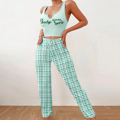 Spring Summer Women's Casual Pajamas Home Wear Vest Color Matching Plaid Trousers Letter Print Top Ladies 2 Pcs Home Clothes Sleepwear