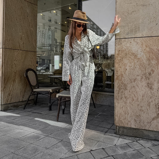 Pure Cotton Leopard-print Long-sleeved Shirt High Waist Suit Women