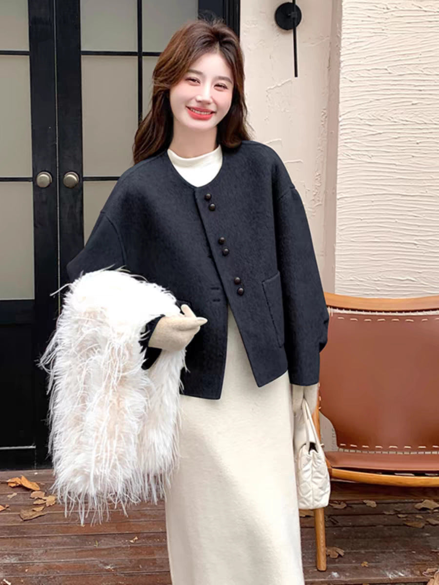 Korean Style Temperament Crew Neck Woolen Coat