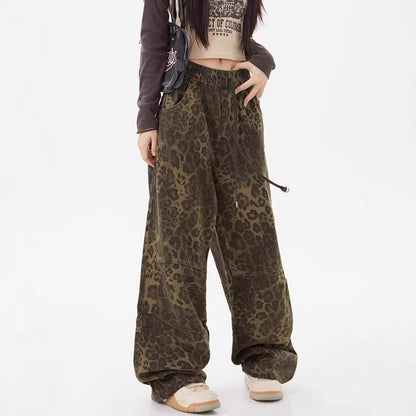 Leopard Print Women's Design Elastic Waist Loose Wide Leg Pants