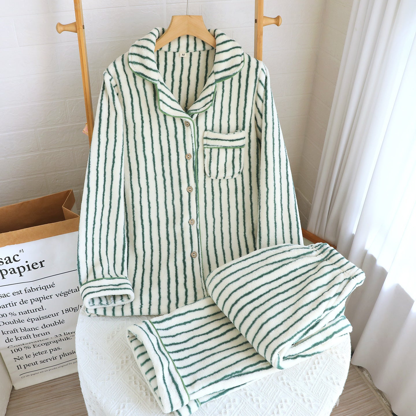 Striped Flannel Couple Lapel Pajamas Suit