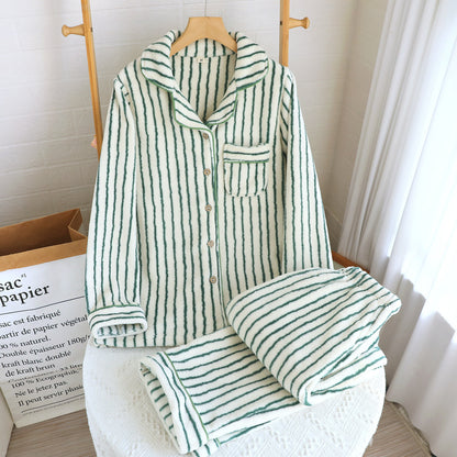 Striped Flannel Couple Lapel Pajamas Suit