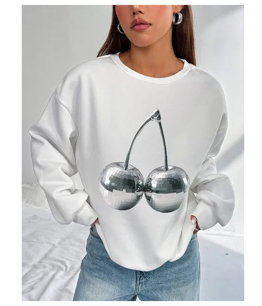 Women Basic Casual Pullover Spring Autumn Long Sleeve Metal Printed Round Neck