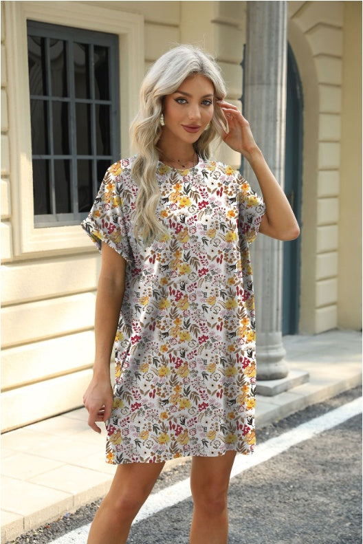 Loose Crew Neck Short Sleeve Printed Pocket Dress