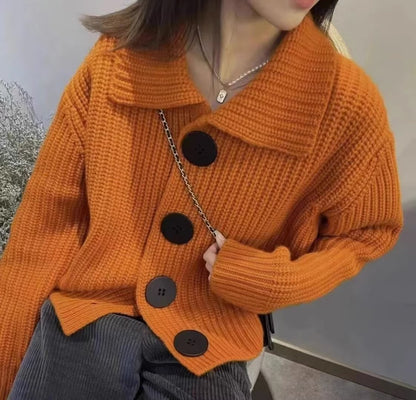 Long Sleeve Loose Korean Fashion Big Buckle Lapel Short Sweater