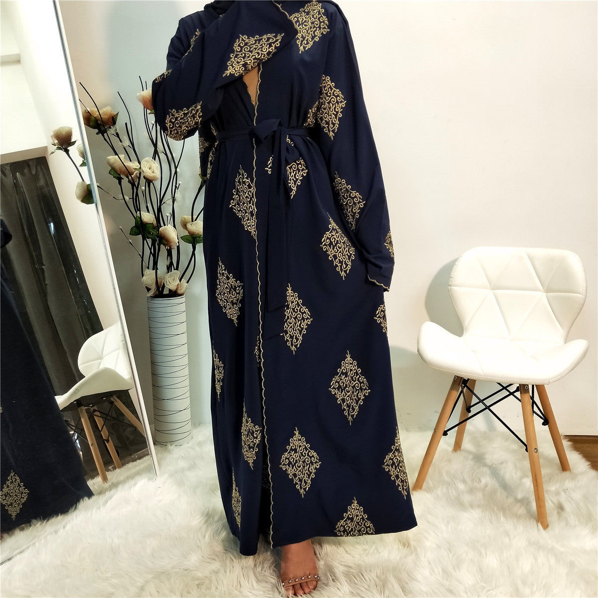 Gold Line Positioning Machine Embroidery Cardigan Dubai Robe