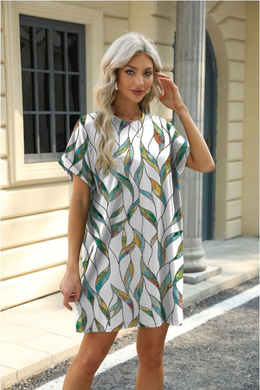 Loose Crew Neck Short Sleeve Printed Pocket Dress