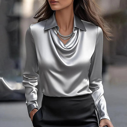 Women's Elegant Long Sleeve Blouse - Solid Color Lapel Top With Ruched Chest Detail Office & Casual Wear For Spring Fall