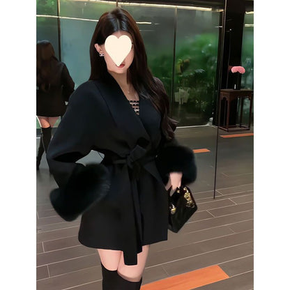 Lace-up Furry Sleeves Thin Hepburn Style Woolen Coat