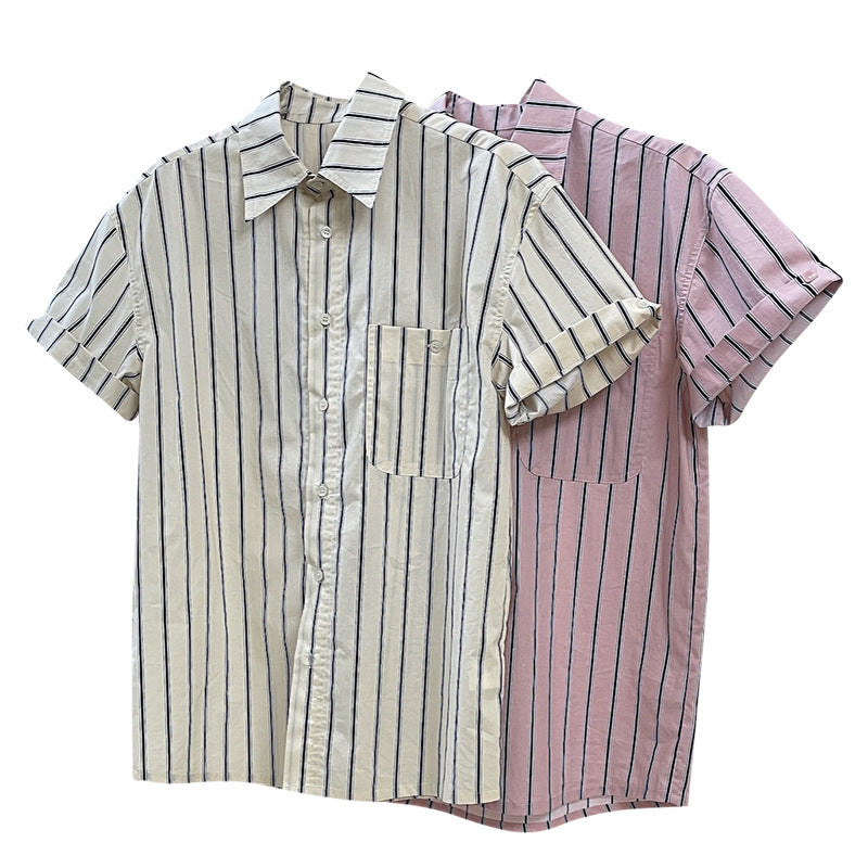 New Literary Retro Lapel Striped Short-sleeved Shirt Loose And Thin