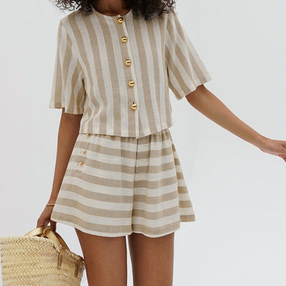 Short Sleeve Striped Shirt And Shorts Suit