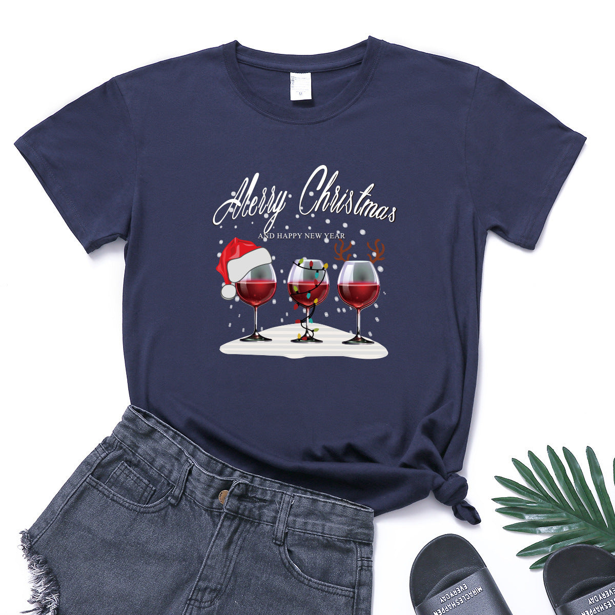 Christmas Three Wine Glasses Print Short Sleeve