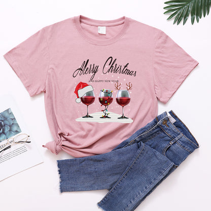 Christmas Three Wine Glasses Print Short Sleeve