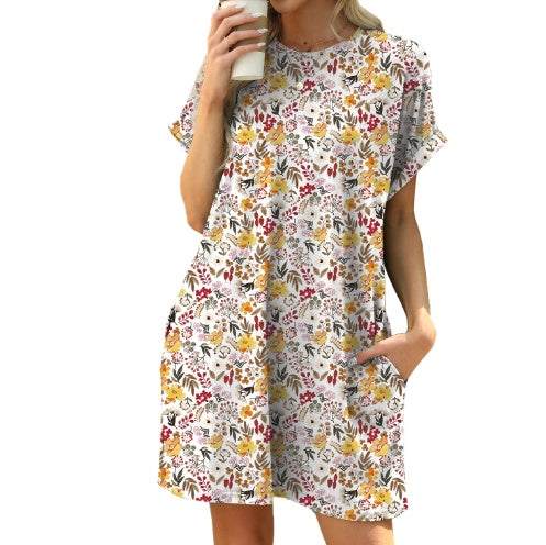 Loose Crew Neck Short Sleeve Printed Pocket Dress