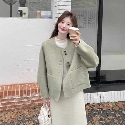 Korean Style Temperament Crew Neck Woolen Coat