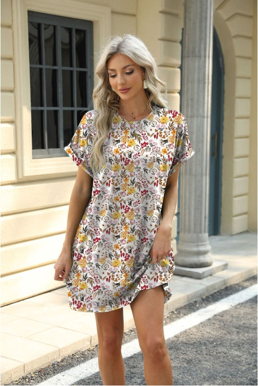 Loose Crew Neck Short Sleeve Printed Pocket Dress