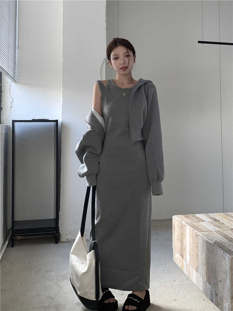 Fashion Retro Melange Gray Casual Women's Hooded Cardigan Coat