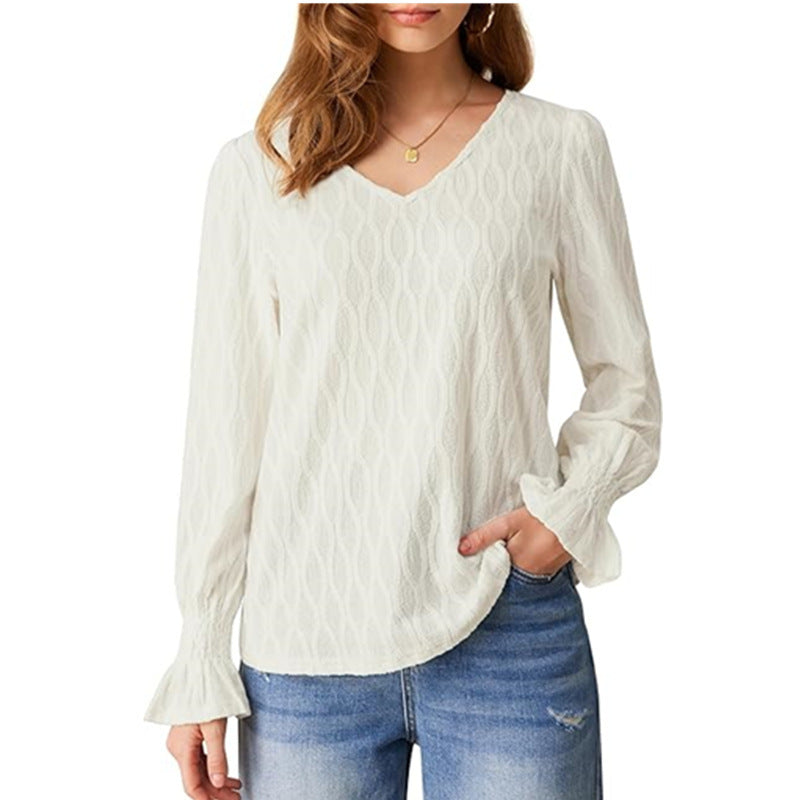 Fashion V-neck Long Sleeve Smocking T-shirt Top Women's Clothing