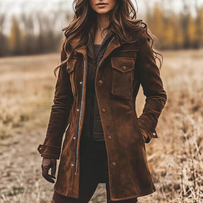 Women's Retro Lapels Brown Suede Casual Jacket
