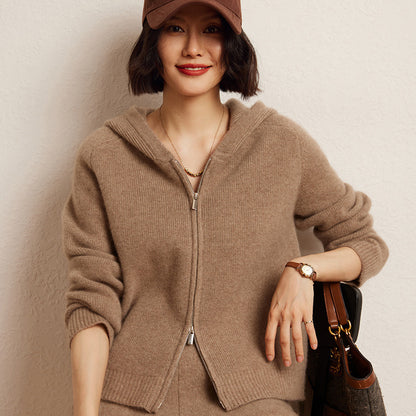 Women's Cashmere Hooded Zip Cardigan Sweater