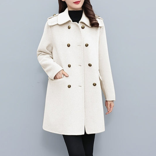 Korean Style Wool Double Breasted Coat For Women