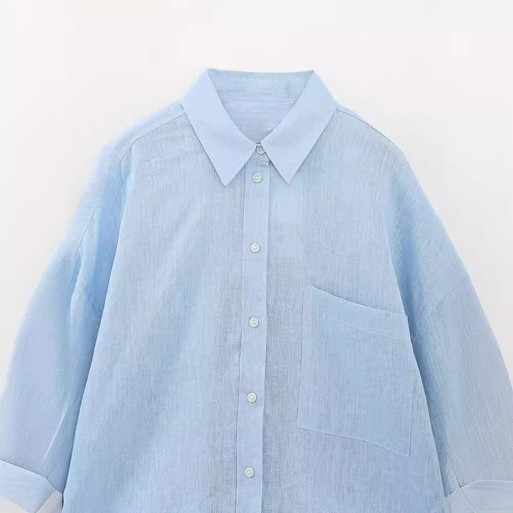 Women's Fashion Long Linen Sleeves Lapel Shirt