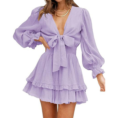 V-neck Ruffled Slimming Long Sleeves Short A- Line Dress