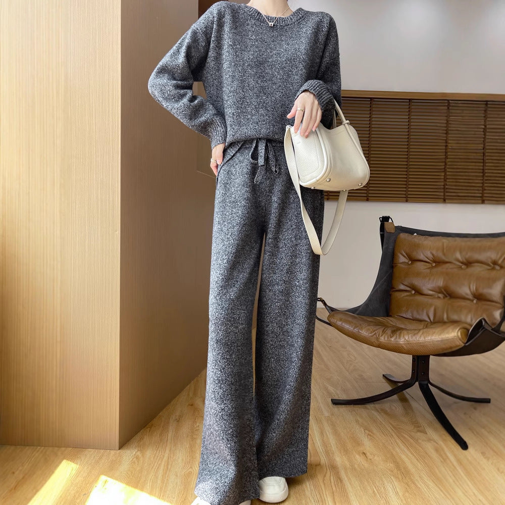 Australian Wool Round Neck Loose Western Style Sweater Straight-leg Pants Thickened Knitting Suit