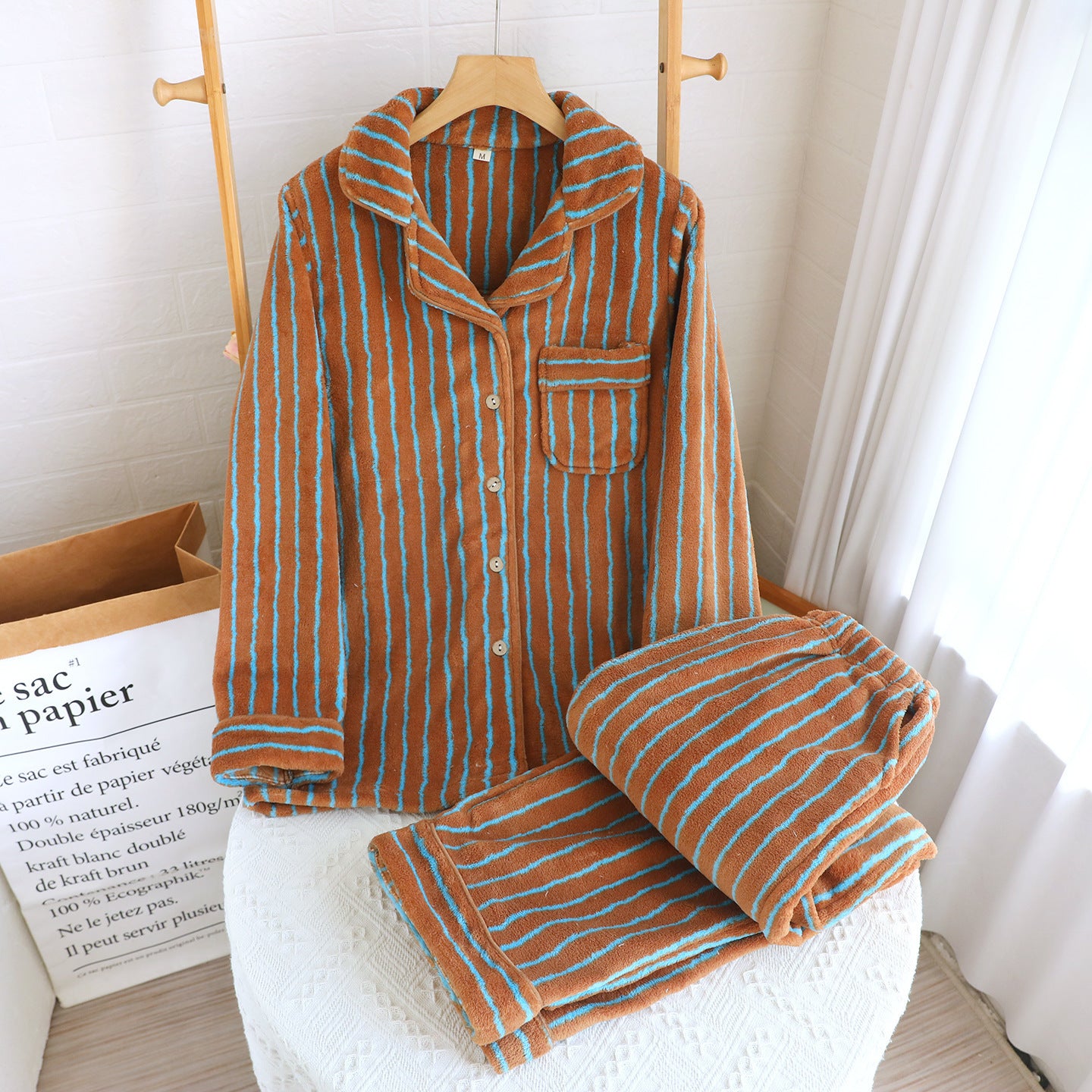 Striped Flannel Couple Lapel Pajamas Suit