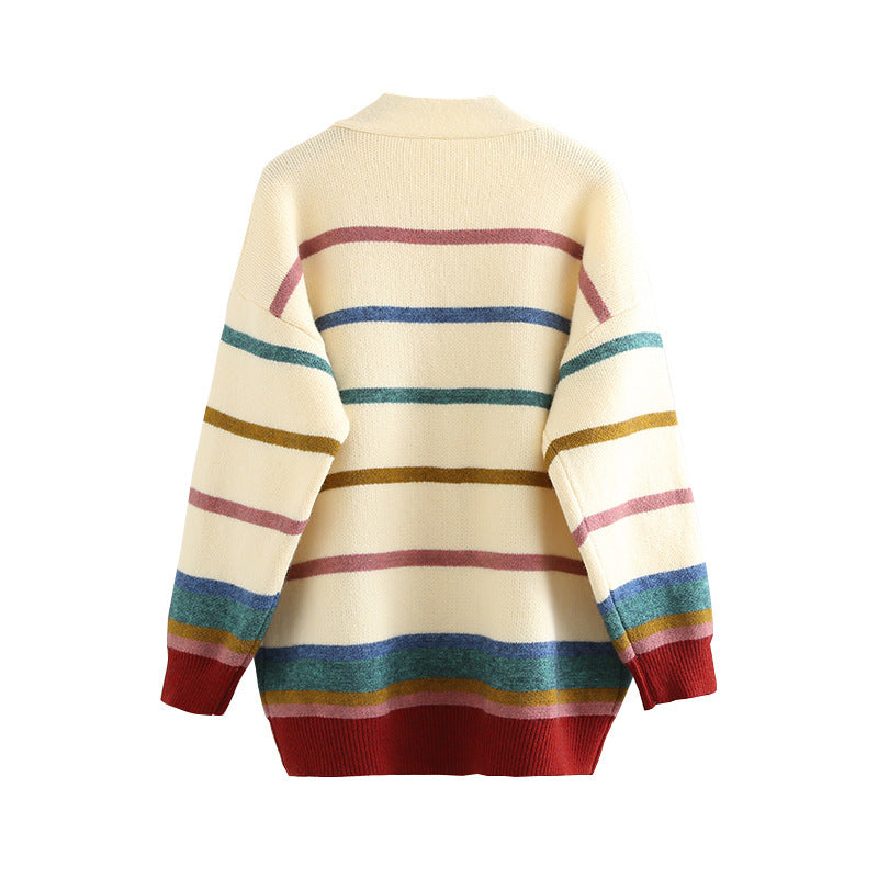 Colorful new rainbow striped sweater cardigan for women, perfect for adding vibrancy to any outfit. 