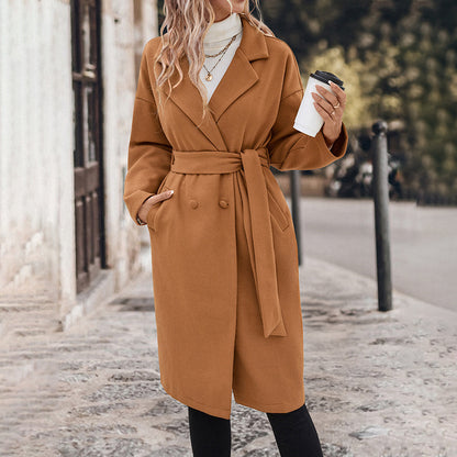 Women's Lace-up Extended Solid Color Woolen Coat