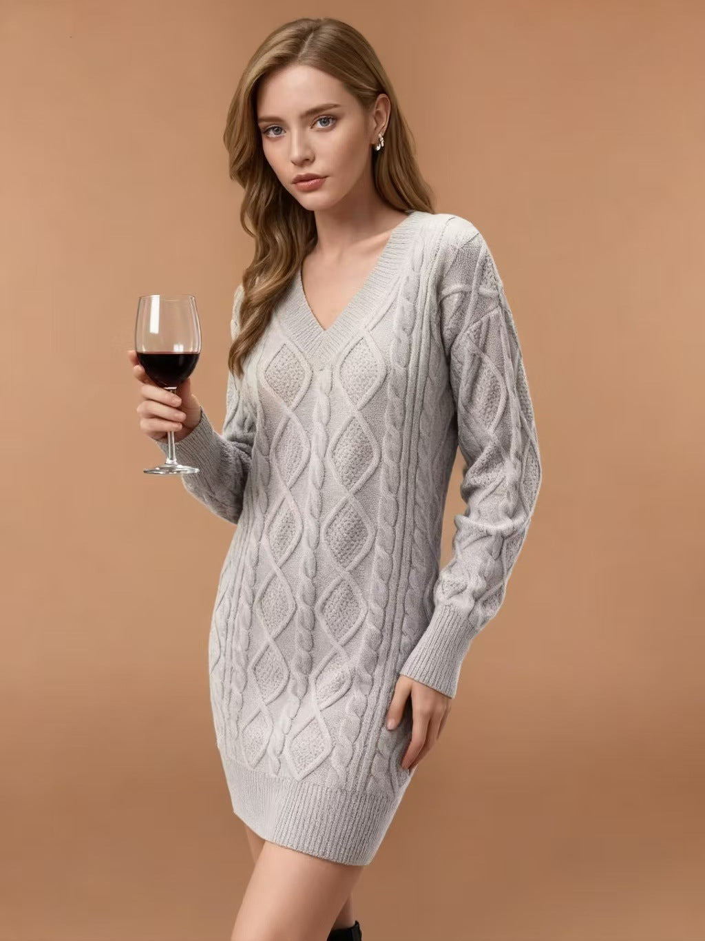 Mid-length Sweater V-neck Knitted Casual Twist Dress