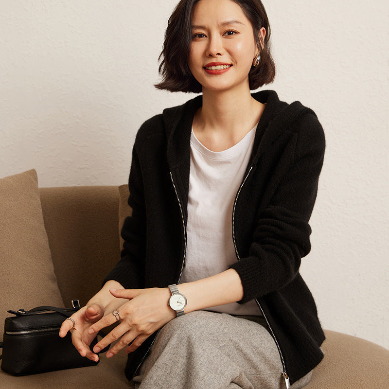 Women's Cashmere Hooded Zip Cardigan Sweater