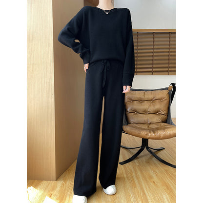 Australian Wool Round Neck Loose Western Style Sweater Straight-leg Pants Thickened Knitting Suit
