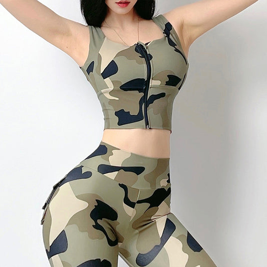 Camouflage Printed Front Zipper Sports Underwear Shockproof Yoga Clothes Vest