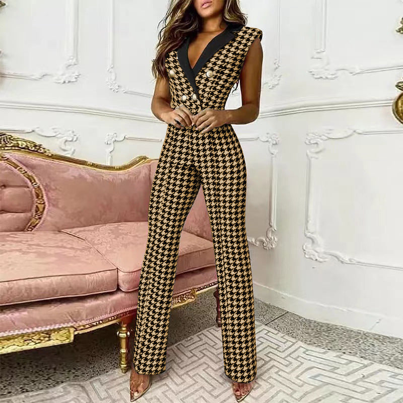 V-neck Houndstooth Jumpsuit Professional Wear Women