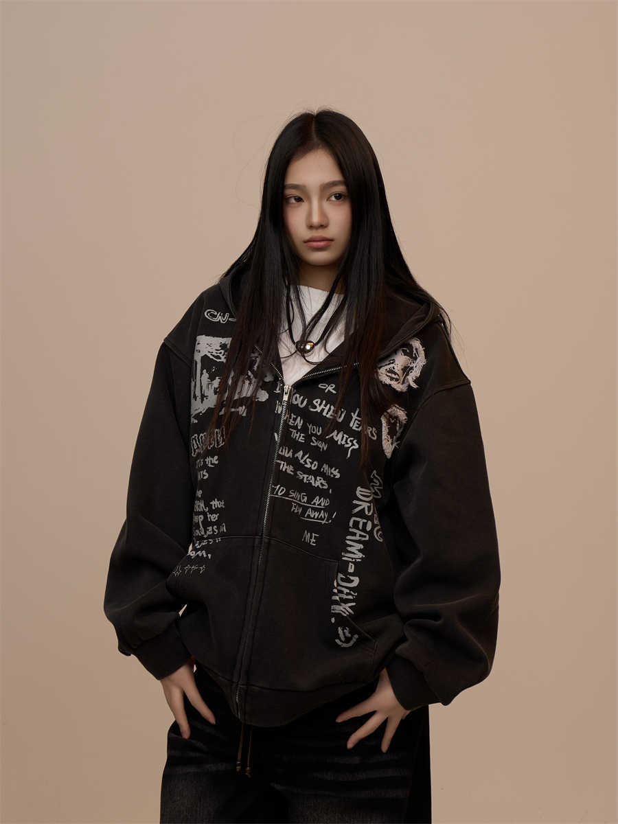 Sweater Women's Letter Printed Black Hooded Zipper Coat