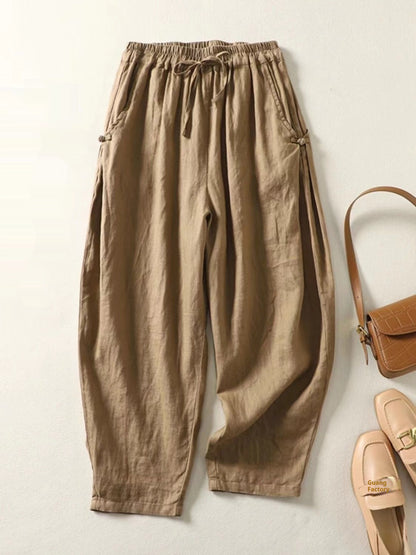 Cotton Cropped Pants Loose Thin Buckle High Waist Lace Up Casual Harem Pants