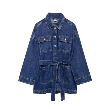 Lace-up Waist-controlled Lapel Denim Coat Women's Clothing