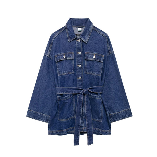 Lace-up Waist-controlled Lapel Denim Coat Women's Clothing