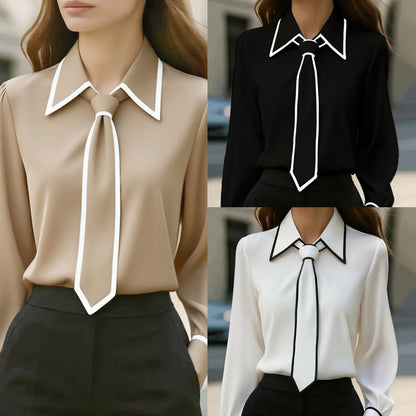 Women's Classic Tie & Lapel Blouse, Long Sleeve Contrast Color Design Shirt For Office And Formal Wear